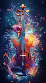 Luminescent violin rendered amid nebular particles and chromatic flares