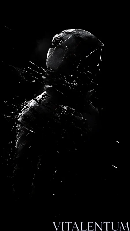 Shattering hooded figure emerging from deep black void.