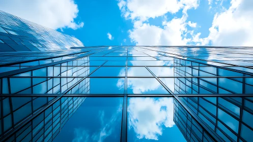 Soaring glass towers gently mirror a bright summer sky