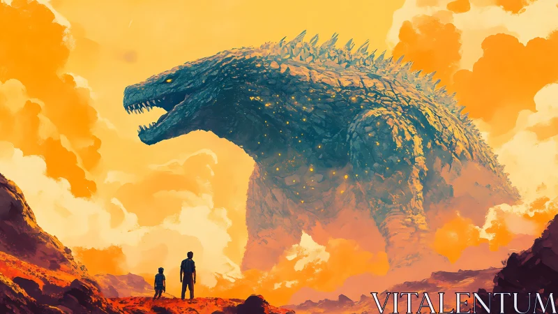 Giant reptilian creature facing two humans in vivid landscape.