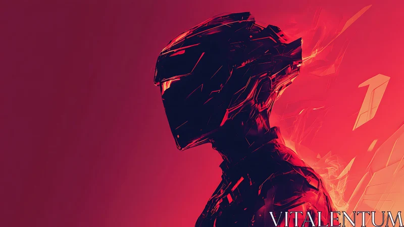 Futuristic cyber hero gazes ahead in glowing red light