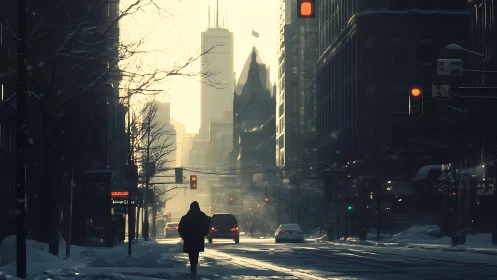 Winter urban street with silhouetted pedestrian and traffic.
