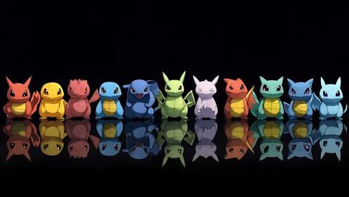 Colorful lineup of small cartoon creatures on black surface.