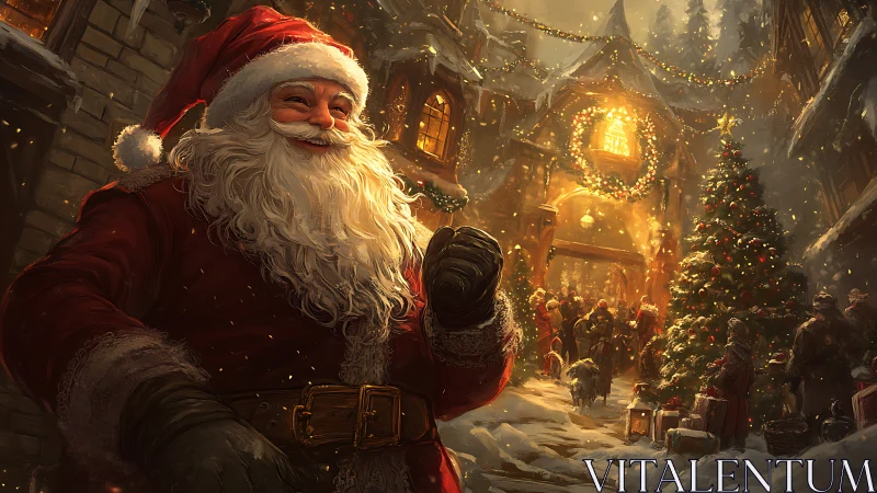 Santa in snowlit village street, golden bokeh and festive crowd