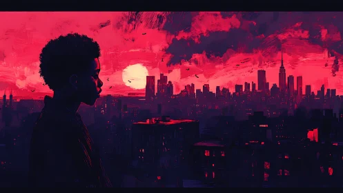 Silhouetted youth studies neon red city skyline at sunset