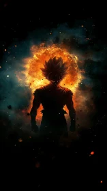 Silhouetted anime warrior against explosive solar halo backdrop.
