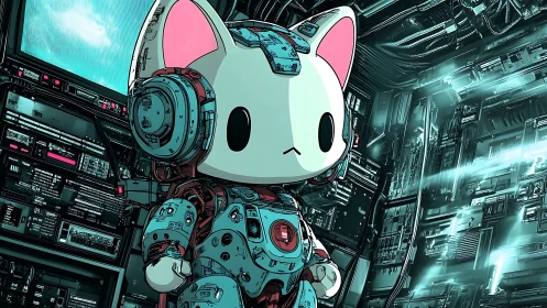 Cyborg cat character in teal sci fi control room environment.