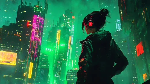 Cyberpunk wanderer observes neon-soaked skyline in silence.