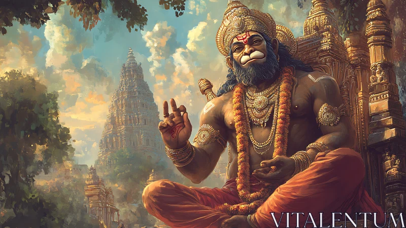 Divine Hanuman meditates in golden temple light and clouds