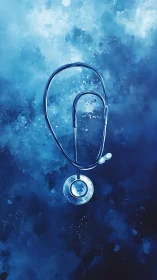 Stethoscope silhouette on deep abstract blue wash background.