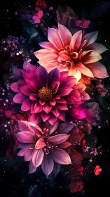 Digital Flowers with Vibrant Pink and Purple Colors Against Dark Background.