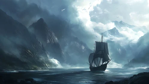 Sailing ship crosses misty fjord beneath steep mountains.