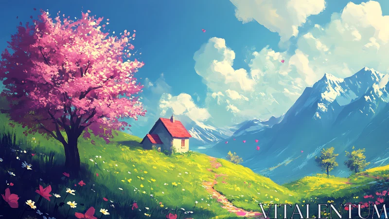Spring cottage under cherry tree beside bright mountains.