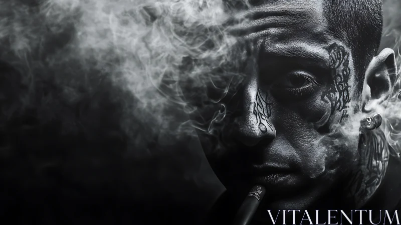 Tattooed man exhales swirling smoke in dramatic shadowed portrait.