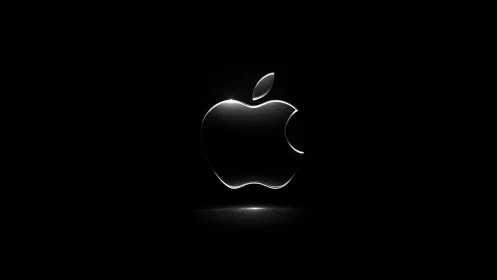 Glossy metallic apple icon glows on deep black background.