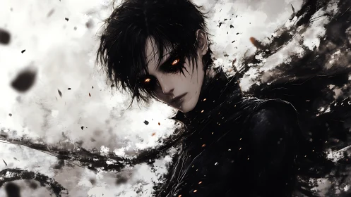 Dark-haired entity with ember eyes in swirling ink storm.