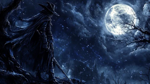 Cloaked warrior stands under full moon in dark blue night