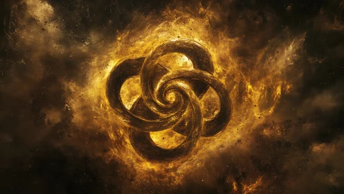 Golden cosmic knot swirling in fiery nebula field.