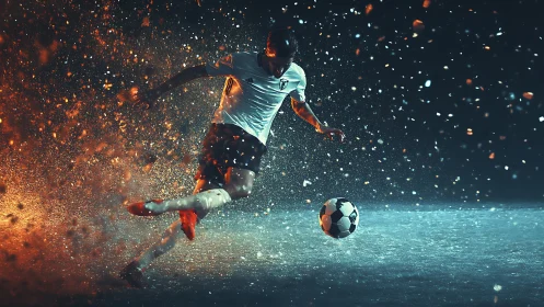 Soccer player strikes the ball through dramatic sparks and mist