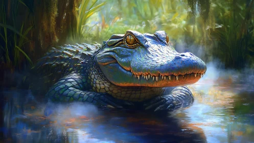 Iridescent alligator rests in misty swamp at sunrise