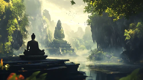 Silent river monk in emerald canyon temple lightscape.