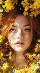 Red-haired woman framed by dense yellow wildflowers in sun