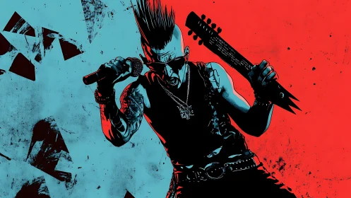 Bi-chromatic punk vocalist with spiked bat in dynamic stance.
