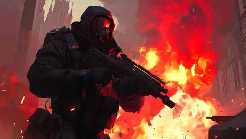 Armored urban soldier advancing through towering firestorm.