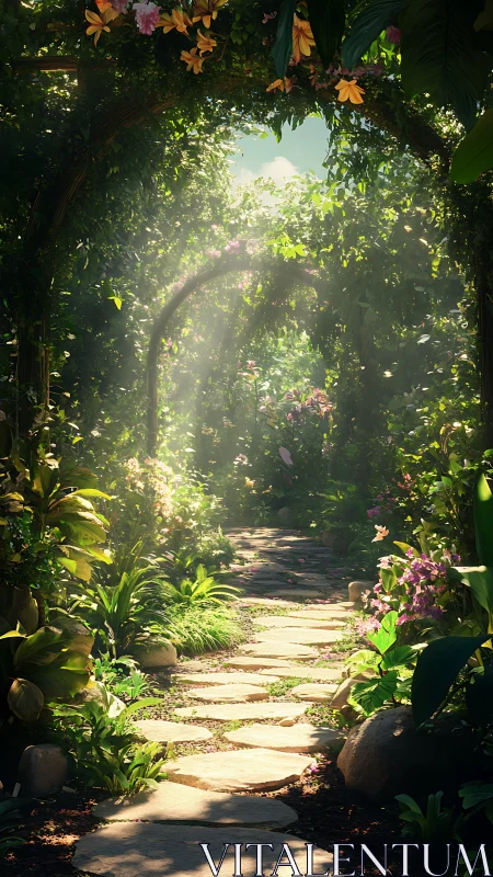 Sunlit stone path winding through lush flower garden.