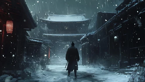 Lone samurai in snowbound Edo street before distant temple gate