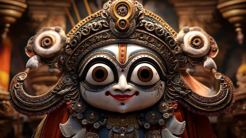 Intricate deity mask radiates festive energy in vivid colors