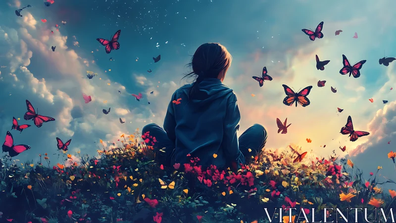 Child observes butterflies over flowered hill at sunset