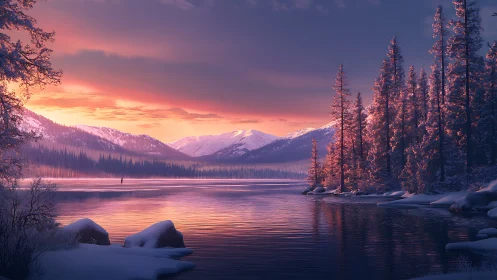 Winter dawn whispers over a rose-lit alpine lake horizon.