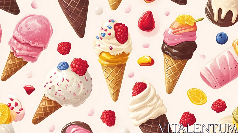 Playful ice cream cones and berries in seamless pattern.