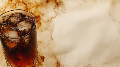 Cola drink with ice cubes in glass on marble surface