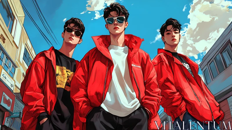 Street trio in red jackets under clear urban sky.