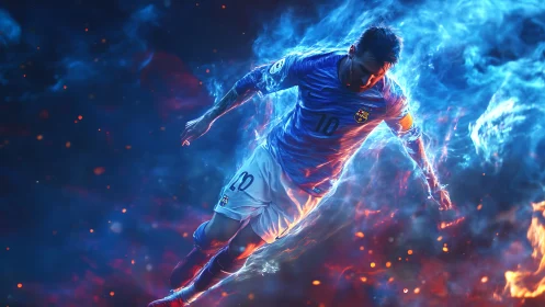 Digital illustration shows soccer player mid-air in motion