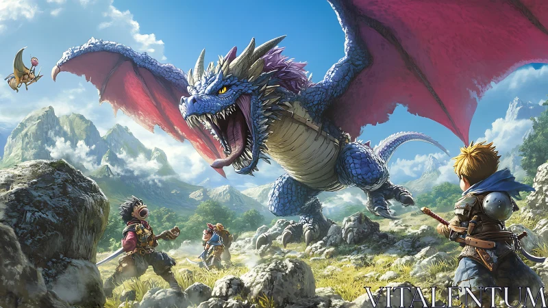 Sky-splitting dragon clash over sunlit emerald highlands.