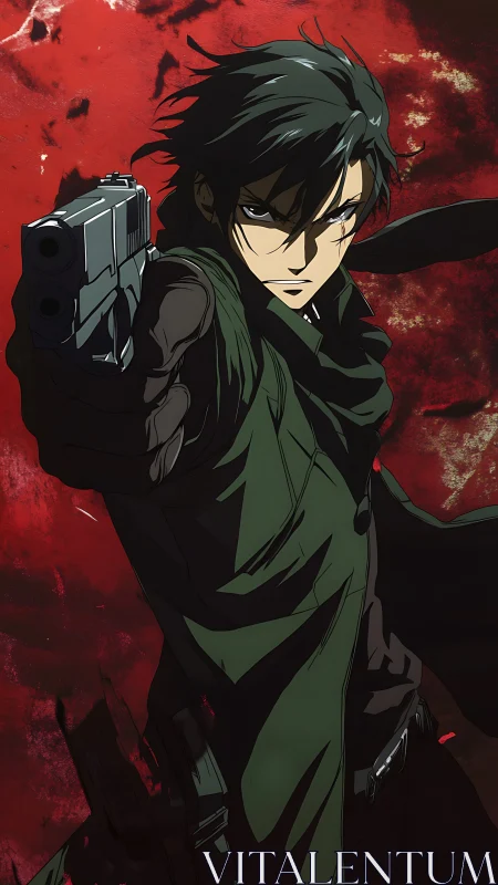 Dark-haired gunman extends pistol against crimson backdrop.