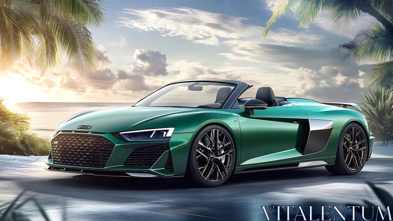 Green Audi convertible rendered as high-gloss coastal digital visual