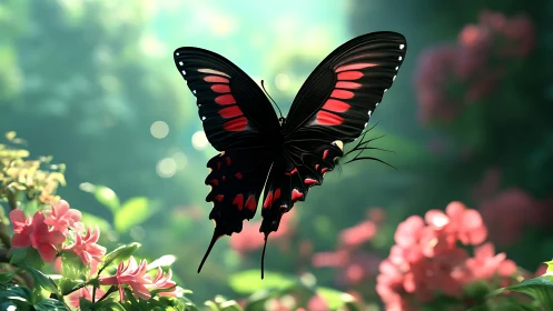 Black swallowtail butterfly glows over lush pink garden.