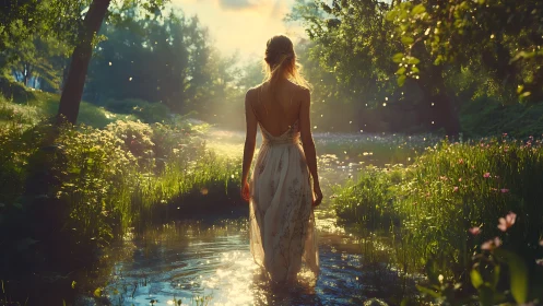 Woman in white dress walking through sunlit forest stream.