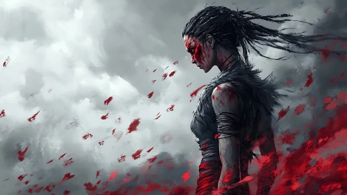 Warrior figure in profile amid red abstract motion field.