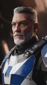 Stoic silver-haired commander in weathered blue armor.