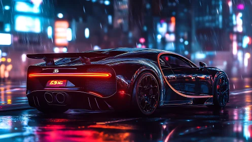 Cyberpunk hypercar rear profile in neon rain environment.