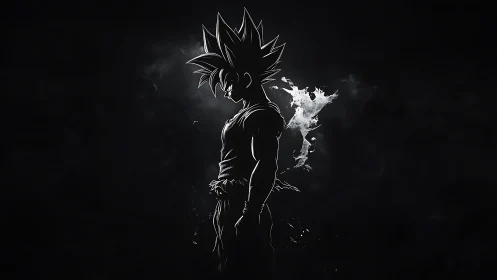 Silhouetted anime warrior glowing in stark monochrome light.