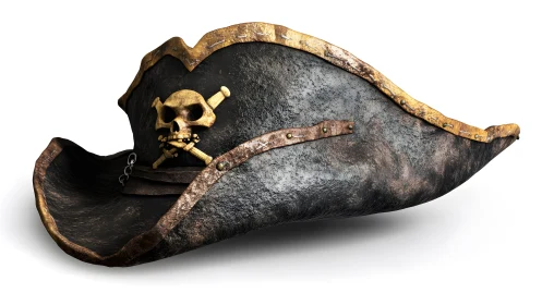 Weathered pirate tricorn hat with skull emblem, realistic 3D style.