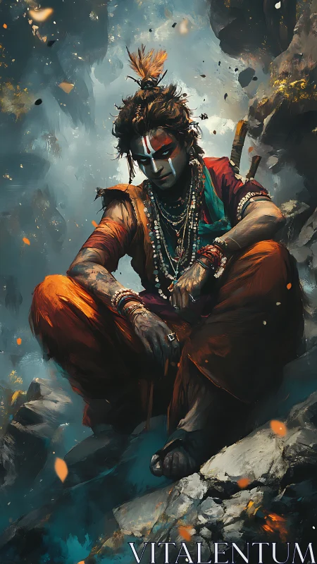 Digital painting of meditative warrior sage in mythic canyon.