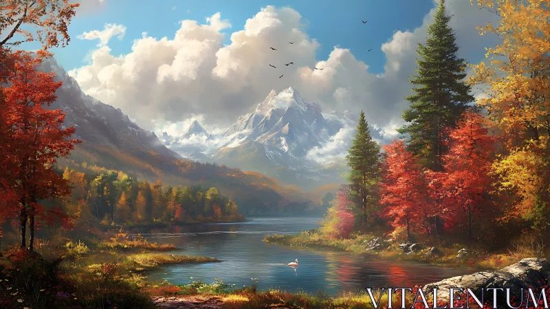 Autumn lake reflects snow peak under luminous mountain sky.