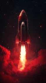 Vertical rocket ascent through crimson nebula clouds.